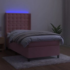 Letto a molle con materasso e led rosa 90x190 cm in velluto