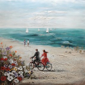 Stampa su tela Bici in spiaggia, azzurro, rosso 100 x 100 cm