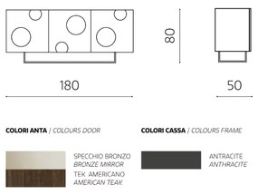 Madia con scocca Teak 180 cm e 3 ante rivestite in specchio Bronzo OHARA con piedini sagomati