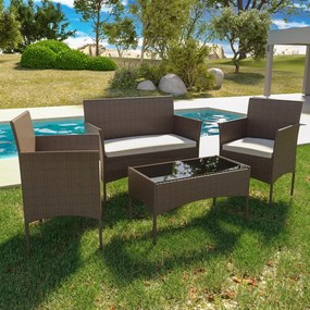 Set Di Mobili da Giardino Salotto Salottino in Rattan 4 Posti con Tavolino E Ripiano In Vetro 2 Poltrone e Divano 2 Posti Per Giardino Esterno Piscina Cuscini Sfoderabili (Brown)