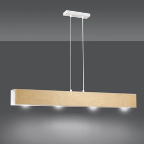 Lampadario 4 Luci Carlo In Acciaio Bianco Corpo Rettangolare E Legno Naturale