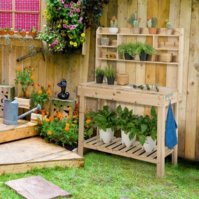 Costway Porta piante in legno con ripiani piano d’appoggio apribile ganci, Tavolo da lavoro da esterno Naturale