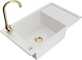 Mexen Elias lavello in granito a 1 vasca con gocciolatoio e rubinetto da cucina Telma, bianco - 6511-20-670200-50