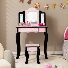 Costway Toeletta trucco per bambine con sgabello triplo specchio pieghevole e cassetto, Postazione trucco in legno Rosa