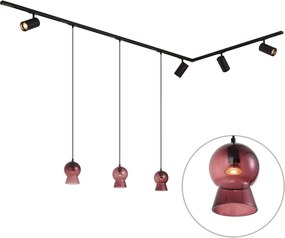 Sistema a binario moderno nero con 4 faretti e 3 lampade a sospensione viola monofase - Iconic Bell Jeana Luxe