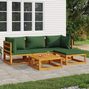 Set salotto da giardino 5pz con cuscini verdi legno massello