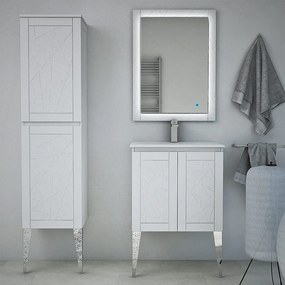 Mobile bagno bianco opaco a terra 60 cm con elegante design a rilievo con specchio led touch e colonna da 140 cm