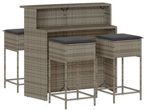 Set bar da giardino 5 pz con cuscini in polyrattan grigio