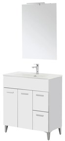 Mobile Bagno a Terra 80 Cm Due Ante Due Cassetti Specchio Con Lampada Led 62x78,5 Cm Feridras "Greta" Bianco Lucido