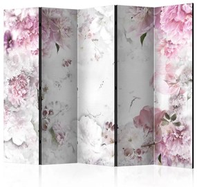Paravento design Peonie danzanti II (5 parti) - fiori romantici su sfondo bianco