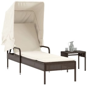 Lettino Prendisole Con Baldacchino E Tavolo Marrone Polyrattan /
