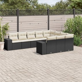 Set divani da giardino 10pz con cuscini in polyrattan nero