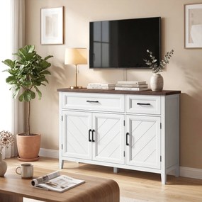 Credenza da Cucina 110x35x80,5 cm con 3 Ante a Fienili 2 Cassetti e 2 Ripiani Regolabili in Legno Bianco...
