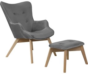 Poltrona con poggiapiedi grigia con rivestimento in velluto Niko – Ropez