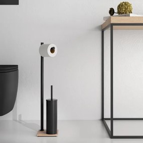 Gedy - Scopino WC da terra con porta rotolo TRILLY nero opaco/bambù