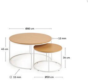Kave Home - Set Yoana di 2 tavolini ad incastro impiallacciati rovere e metallo bianco Ã˜ 80 cm/Ã˜ 50 cm