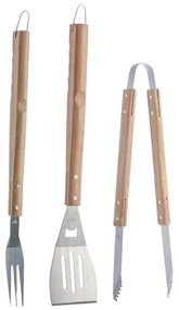 Trade Shop - Set 3 Pezzi Utensili Barbecue In Acciaio E Legno Accessori Attrezzi Bbq Tools