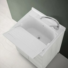 Mobile lavatoio 60x60 cm 2 ante rovere bianco con vasca in resina, asse lavapanni e kit di scarico