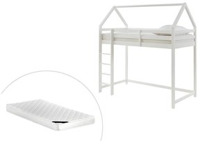 Letto a soppalco capanna 90 x 190 cm Pino Bianco + Materasso - TARZIA