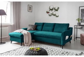 Divano letto angolare in velluto turchese, angolo sinistro Stylish Stan - Miuform