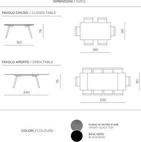 Tavolo allungabile a 240 cm con piano in vetro Fumč e base in metallo TAO