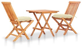 Set da bistrot 3 pz con cuscini crema in legno massello di teak