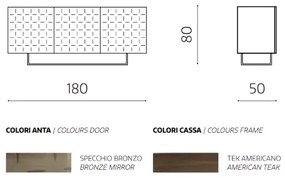 Madia con scocca Teak 180 cm a 3 ante con specchio rivestito Bronzo CASSIA con piedini sagomati