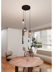 Lampadario 3 Luci Fuxi Base Tonda Acciaio Nero E Vetri Ambra Trasparente E Fumè
