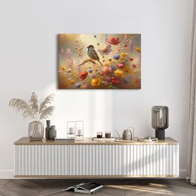 Quadro su tela – Passero nel giardino fiorito