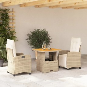 Set da pranzo da giardino 3 pz con cuscini beige in polyrattan