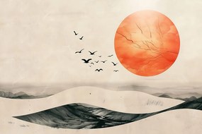 Stampa su tela – Japandi paesaggio con luna arancione