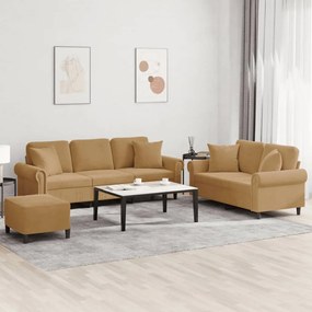 Set Di Divani 3 Pz Con Cuscini Marrone İn Velluto /