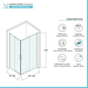 Box doccia angolare 80x120 cm doppio scorrevole vetro trasparente   Tay
