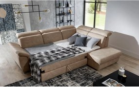 Divano angolare beige allungabile/con contenitore (con penisola a destra/a L) e rivestimento in velluto Loreto – ELTAP