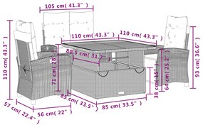 Set da Pranzo da Giardino 4 pz con Cuscini Nero in Polyrattan