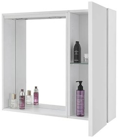 Specchio contenitore 68x61 cm bianco lucido con anta a destra e LED