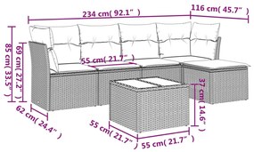 Set divano da giardino 6 pz con cuscini grigio in polyrattan