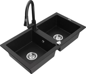 Mexen Mario lavello da cucina in granito a 2 vasche con rubinetto da cucina Elia, nero - 6504-77-670101-70