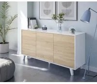 Credenza Arvada, Madia moderna a 3 ante e ripiani, Buffet da cucina, Buffet di design da soggiorno, cm 154x40h75, Bianco lucido e Bianco