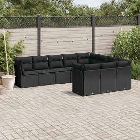 Set divani da giardino 10pz con cuscini in polyrattan nero