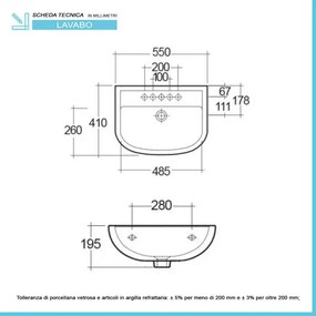Lavandino bagno sospeso 55 cm in ceramica bianca lucida salvaspazio