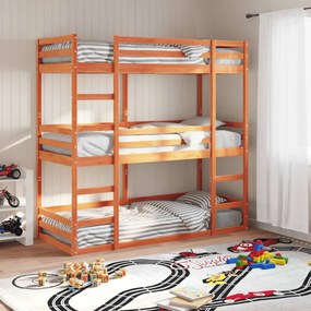 Letto Castello Triplo Marrone Cera 90x200cm Legno Massello Pino /