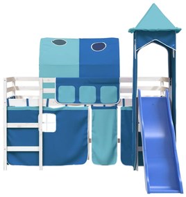 Letto a soppalco con torre bambini blu 80x200cm massello pino