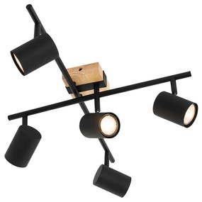 Plafoniera nera con legno 5 luci regolabili rettangolare - Jeana