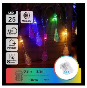 Aigostar - LED RGBY Catena luminosa natalizia da esterno 25xLED/8 funzioni 3xAA 2,5m IP44 gocce
