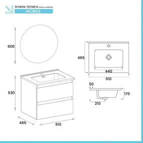 Mobile bagno sospeso 60cm in legno quercia naturale 2 cassettoni con lavabo e specchio Leda