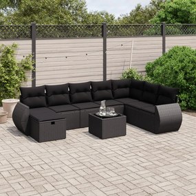 Set divani da giardino 9 pz con cuscini nero in polyrattan