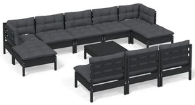Set divani da giardino 11 pz con cuscini neri in legno di pino