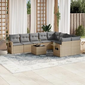 Set divano da giardino 10 pz con cuscini beige in polyrattan