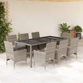 Set da pranzo da giardino 9 pz con cuscini polyrattan e vetro